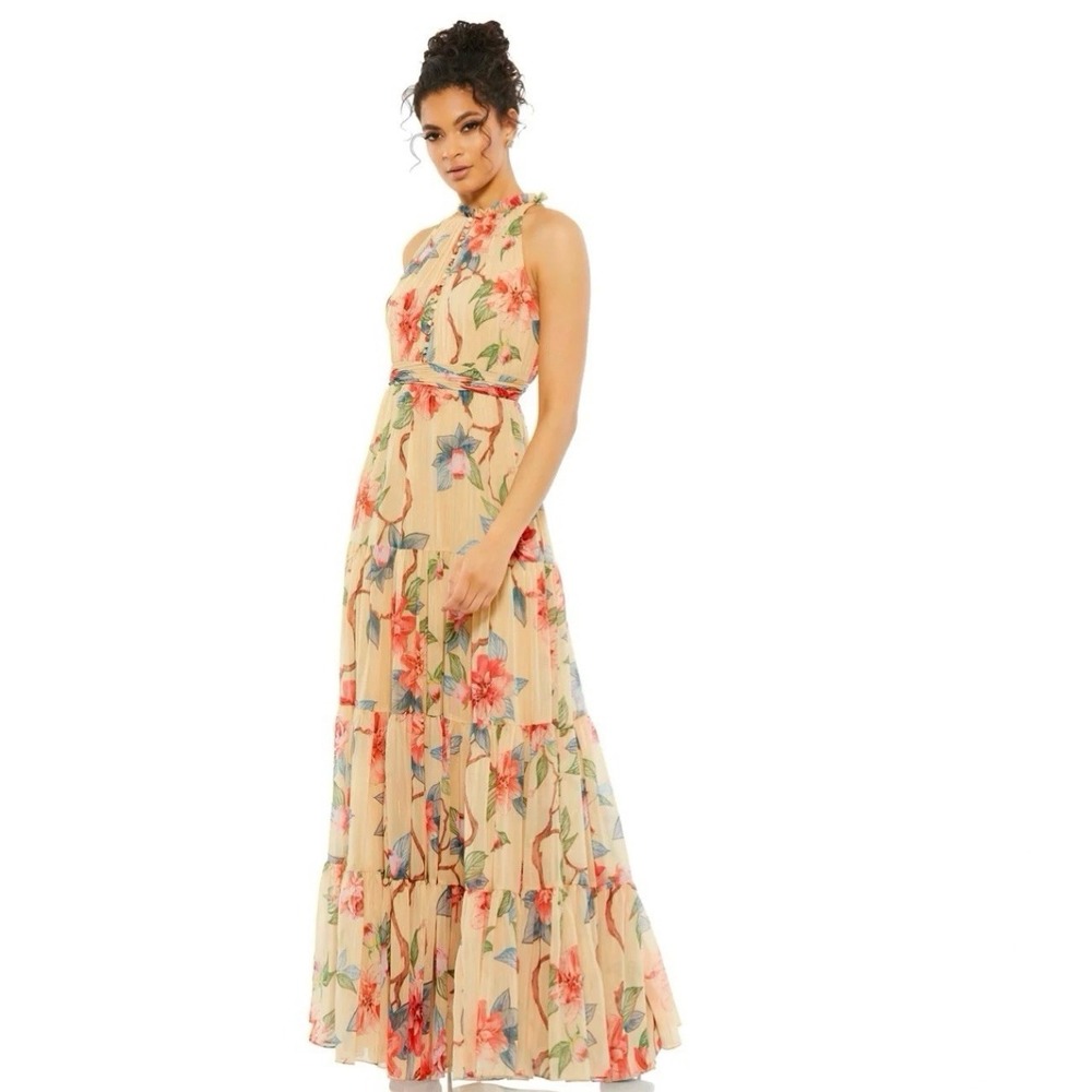 Ieena for Mac Duggal Women's 16 Beige Multicolor Floral Chiffon Maxi Tier Dress - Picture 6 of 16